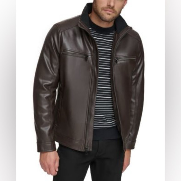 Calvin Klein Dark Brown Faux Leather Moto Jacket - Picture 1 of 16